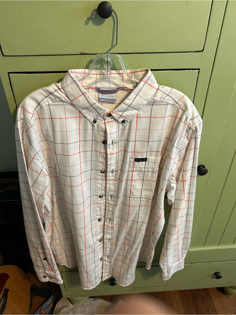 Columbia Men’s Cream Button-Down Plaid Shirt with Orange & Gray Lines